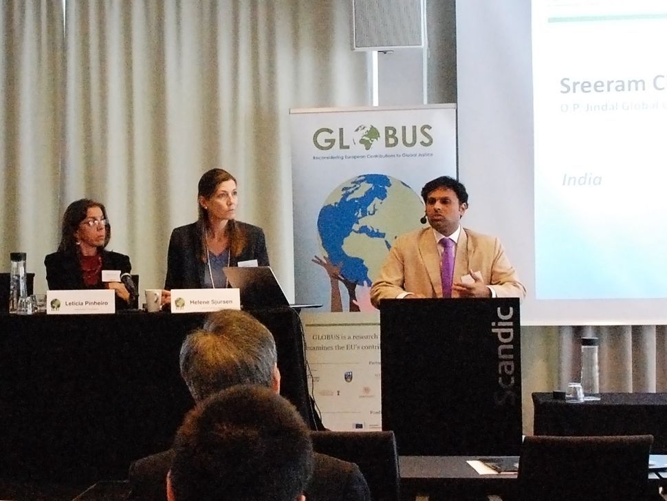 &#39;Should we talk about the EU&#39;s contribution to injustice rather than justice?&#39; Sreeram Chaulia (O. P. Jindal Global University, right) presents an Indian perspective during the panel &#39;BRICS perspectives on global justice&#39;.